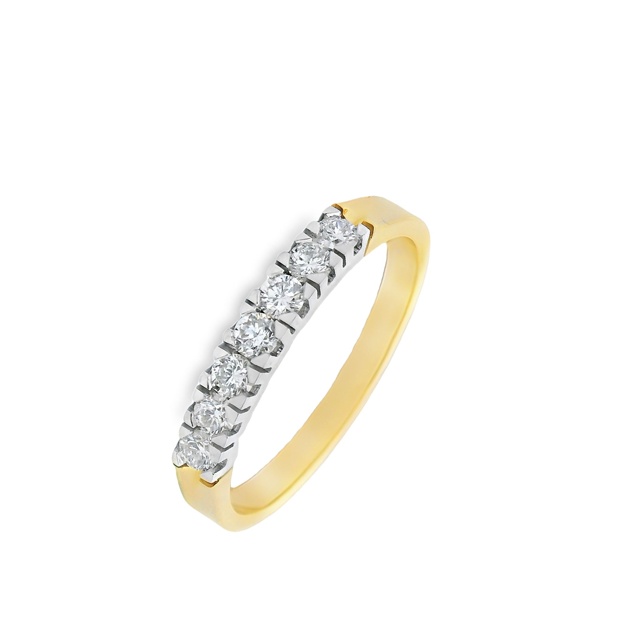 Deze ring van Louis Bros is vervaardigd uit 14 karaat geelgoud met wit rhodium (2 gr) en is gezet met 7 briljant geslepen diamanten met een totaalgewicht van 0.31 crt. De ring heeft een breedte van 1.5 mm en dikte van 0.75 mm.

Verkrijgbaar vanaf 0.10crt .
Leverbare goudkleuren: 14/18kts geelgoud, 14/18kts witgoud, 14/18kts roségoud en alle bicolor combinaties.